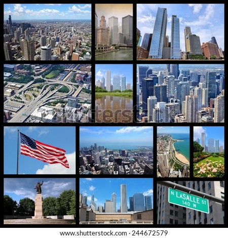 Photo collage from Chicago, United States. Collage includes major landmarks like city skyline, the Loop and Gold Coast of Lake Michigan.