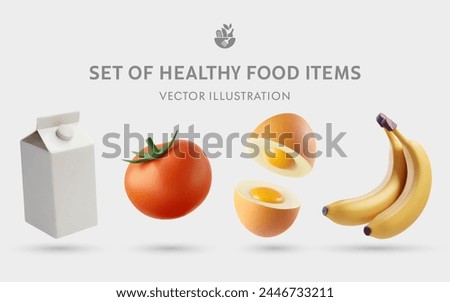 A Set of Healthy Food 3D Vector Items: Milk, Tomato, Egg, Banana Royalty-Free Stock Photo #2446733211