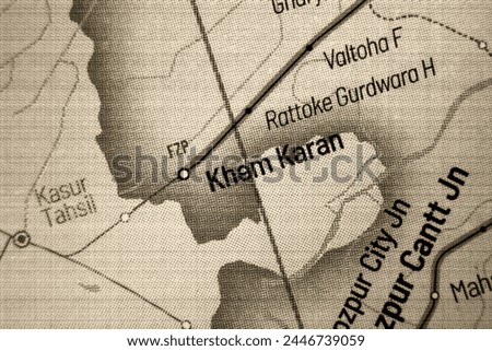 Khem Karan - India Railways junction train station in atlas map town or city name in sepia