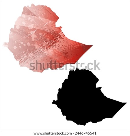 High detailed vector map. Ethiopia. Set of two cards. Watercolor style. Red color. Black card.