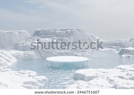 Abstract 3d render winter scene and Natural background, Ice podium on the water and snow ground, Backdrop snow mountain reflect the water surface for product stand display, advertising, mockup or etc Royalty-Free Stock Photo #2446751607