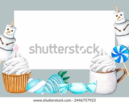 Frame from set of watercolor illustrations sweet desserts. Ice creams, popsicle, hot drink cup with whipped cream, marshmallow snowman, caramel candies, strawberry with glaze blue, marshmallow twists.