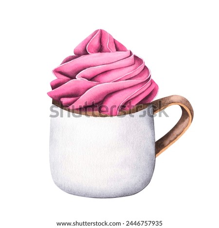 Hot drink chocolate cup with whipped cream. Watercolor illustration coffee mug cute design. Winter season warm cocoa bar menu.