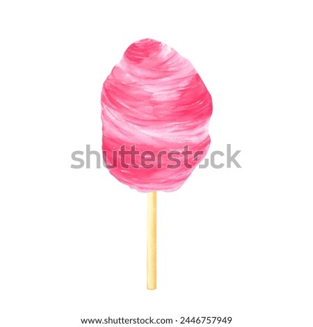 Pink cotton candy on a stick. Sweet clouds sugar confectionery pastel color. Watercolor illustration for Birthday card, design. Packaging design. Festival or party food. Carnival dessert.