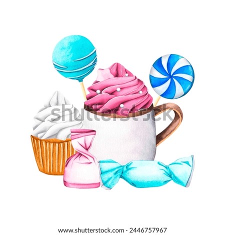 Sweets vanilla cupcake with pink berry cream. Watercolor illustration candies in pink wrapper, lollipop, sugar caramel in blue wrapper. Clip art for Valentine's Day or birthday.