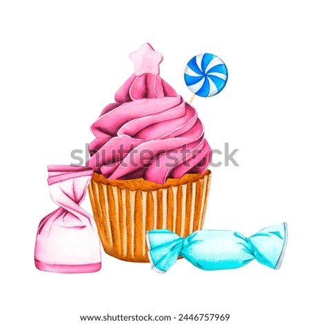Sweets vanilla cupcake with pink berry cream. Watercolor illustration candies in pink wrapper, lollipop, sugar caramel in blue wrapper. Clip art for Valentine's Day or birthday.