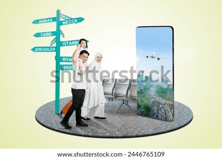 Collage image of Young happy family and travel suitcase walking towards a big smartphone screen