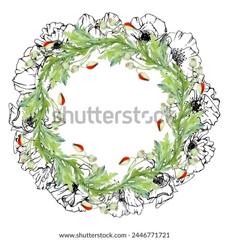 Hand drawn watercolor botanical illustration flowers leaves. Red poppy papaver, stems buds seedpods. Wreath frame isolated on white background. Design wedding, love cards, remembrance day stationery