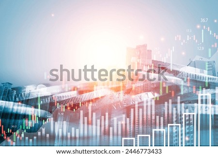 Double exposure of coin stacking and cityscape with stock market graph chart for financial business investment to get profit dividend and benefit concept.