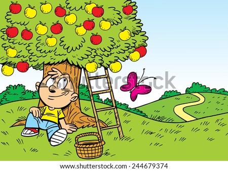 The illustration shows a boy who is resting in the garden under the apple tree. Illustration done in cartoon style, on separate layers.