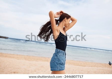 walking woman travel running young lifestyle smile summer sea sunset beach