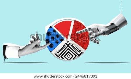 Human hand and ai Roboter hand symbolizing teamwork working on a pie chart. Arms point fingers hold pieces diagram chart. Earn money together with artificial intelligence.