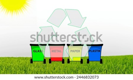 Sorting and separating garbage, containers for glass, metal and paper, electronic waste and plastic, organic food leftovers. Flat cartoon, vector in flat style
