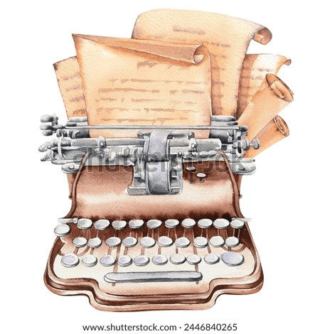Watercolor retro typewriter with old paper and parchment scrolls. Hand painted clip art illustration.