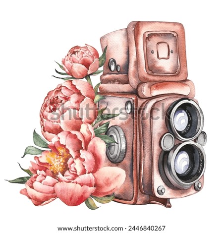 Retro camera with pink peony flowers. Isolated watercolor clip art. Vintage hand painted illustration.