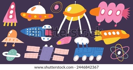 Cute cosmos, space, universe transportation set. Funny hand drawn doodle aircraft, vehicle, spacecraft, galaxy, technology, spaceship, ufo. Night sky theme background