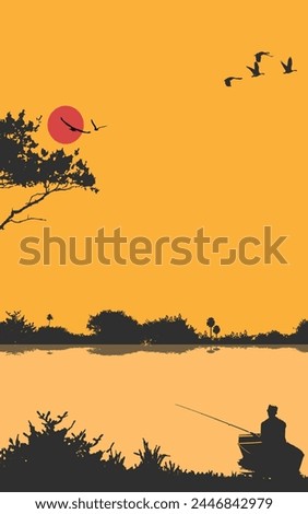 Sunset landscape fishing beautiful scenery portrait vector book cover background tree river lake sky birds boat silhouette background wallpaper