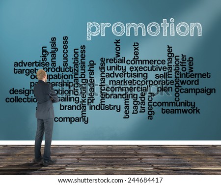 businessman in a room looking at a wall of which is the wordcloud related to promotion