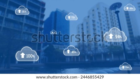 Digital composite of skyscrapers in blue filter with digital image of uploading in series of grey digital clouds on the foreground 4k