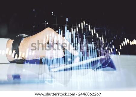 Abstract creative financial graph with finger clicks on a digital tablet on background, forex and investment concept. Multiexposure