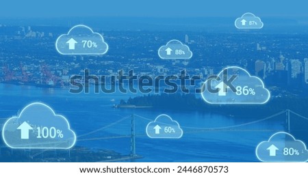 Digital composite of city and lake with long suspension bridge. Digital image of uploading in a series of semi-transparent digital clouds on foreground. 4k