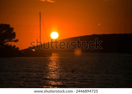 In the picture you can see the sunset over the sea or lake. The sun has a bright orange color and is close to the horizon line, which creates the impression that it is "sinking" in water.