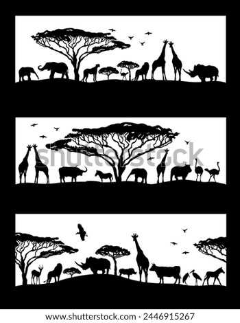 African landscape silhouettes of animals. hand drawing. Not AI, Vector illustration.