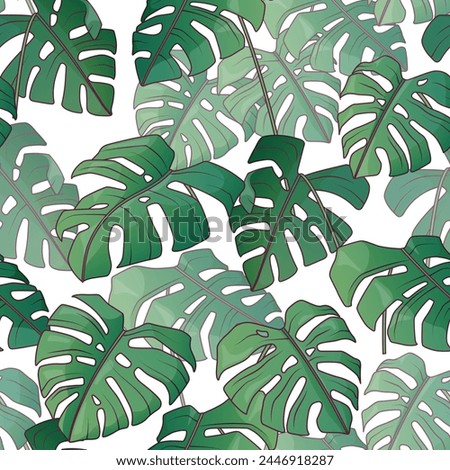 Vector seamless pattern with leaves of monstera isolated on white background. Illustration of leaves for design of flower shop, fabric, textile, wrapping paper, card.