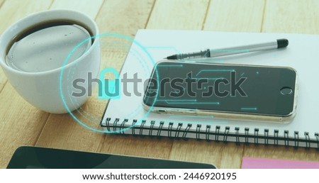 Image of padlock and data processing over smartphone and coffee cup. Global business, finances, digital interface, computing and data processing concept digitally generated image.