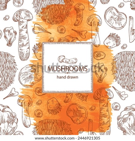 Watercolor background with mushroom:  thelephora ganbajun, tricholoma matsutake, hericium erinaceus and auricularia polytricha. Vector hand drawn illustration Royalty-Free Stock Photo #2446921305