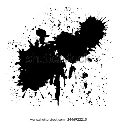 Black dried paint splattered on a white paper background with drops and dots around. Isolated stencil, black ink stain for graphic design, text boxes. Artistic texture of ink brush strokes, splash sta Royalty-Free Stock Photo #2446922215
