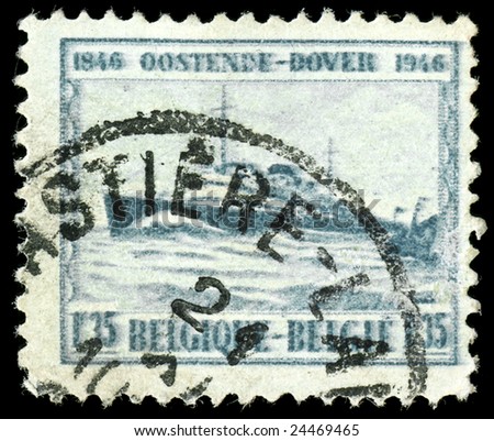 vintage french stamp, depicting an English channel passenger ferry on the route from Ostende to Dover 1946