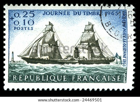 vintage French stamp depicting an old sailing ship delivering the mail