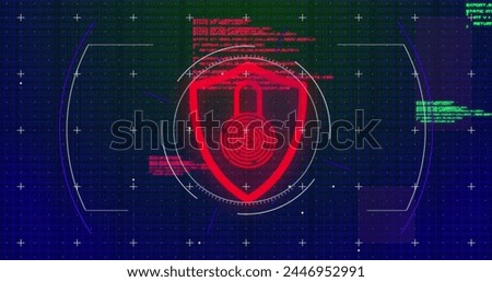 Image of scope scanning and data processing with biometric fingerprint security check on blue background. Digital interface global connection and communication concept digitally generated image.