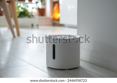 Automatic electric pet water dispenser. Modern smart cat and small dog drinker with mobile app connection. Drinking fountain with replaceable filter, water quantity and filter change indicator at home Royalty-Free Stock Photo #2446958723