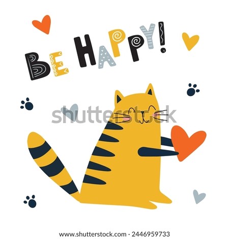 Be happy. Funny and cute red cat with text vector. Cartoon cats characters design collection with flat color in different poses. Set of funny pet animals on white background.