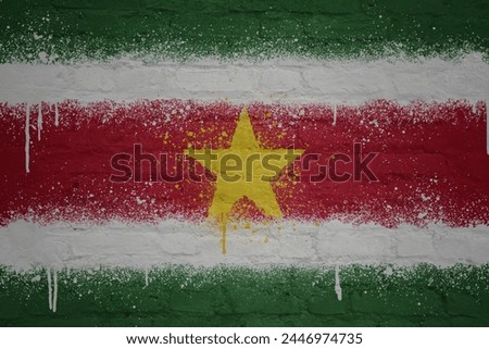 colorful painted big national flag of suriname on a massive old brick wall