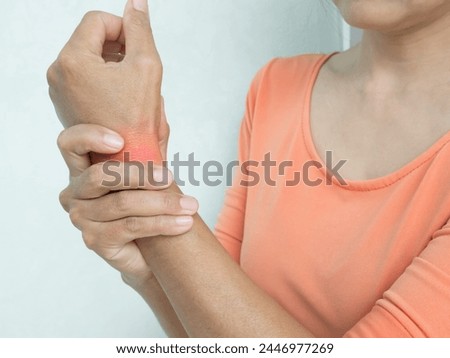 Pain Wrist hand Woman Chronic Join Injury Muscle sprain Inflammation Nerve Finger Ache Orthopedic Bone, Ache Arm Hurt  Tendon Sprain, Problem Female work Office Business, Concept Unhealthy Medical. Royalty-Free Stock Photo #2446977269