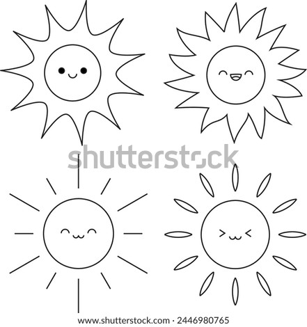Cute kawaii sun with happy face cartoon character coloring page vector illustration