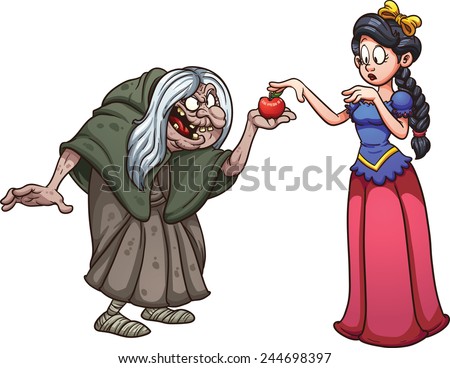 Princess with skin as white as snow getting an apple from an old witch. Vector clip art illustration with simple gradients. Each on a separate layer.
