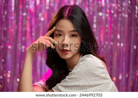 Happy beautiful Asian girl in princess dress. Birthday princess photography theme is popular in social network. Royalty-Free Stock Photo #2446992703