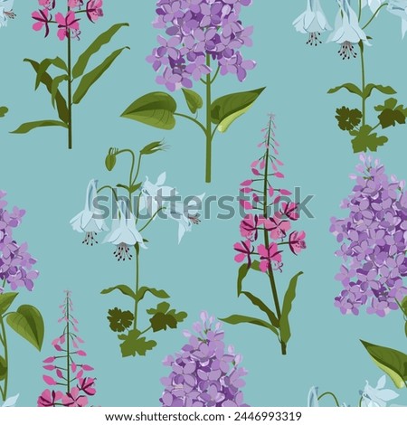 Seamless vector illustration with lilac and aquilegia on a blue background. For decorating textiles and packaging. Royalty-Free Stock Photo #2446993319