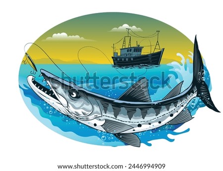 Fishing Boat Catching Barracuda Fish in Vintage Style Full Colored