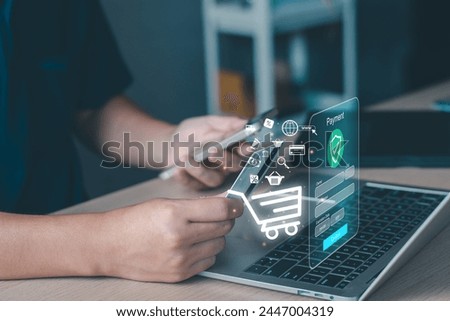Ecommerce online shopping concept. Add to cart internet web store buy online Ecommerce. Businessman  using a laptop computer with shopping, sale, retail, cart and business Ecommerce. shop service.