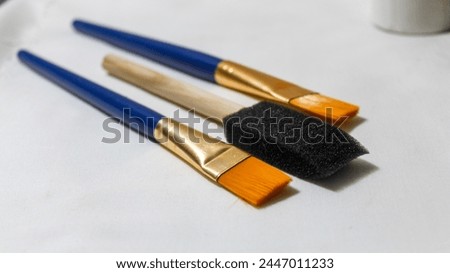 Three blue-handled brushes with varied bristles rest on white, hinting at an artist’s tools for creating diverse strokes and textures Royalty-Free Stock Photo #2447011233