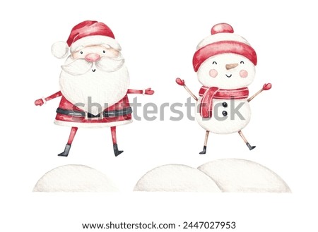 Cute santa claus and  funny snowman clip art hand drawn with watercolor. Isolated on white. For Christmas cards, invite, logo, banner, scrapbook, frame art and so on
