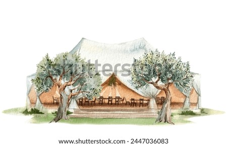 Beautiful watercolor stock illustration with villa cottage house in olive trees. Building clip art.