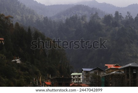 foggy and misty lachung hill station, a popular tourist destination in north sikkim is located on himalaya foothills near yumthang valley, india Royalty-Free Stock Photo #2447042899