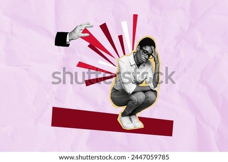 Creative collage picture upset depressed young sitting girl anxious mental pressure abuse conflict fired give up drawing background