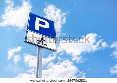 Parking sign for electric scooters. Eco friendly. Technology. Sustainability.
